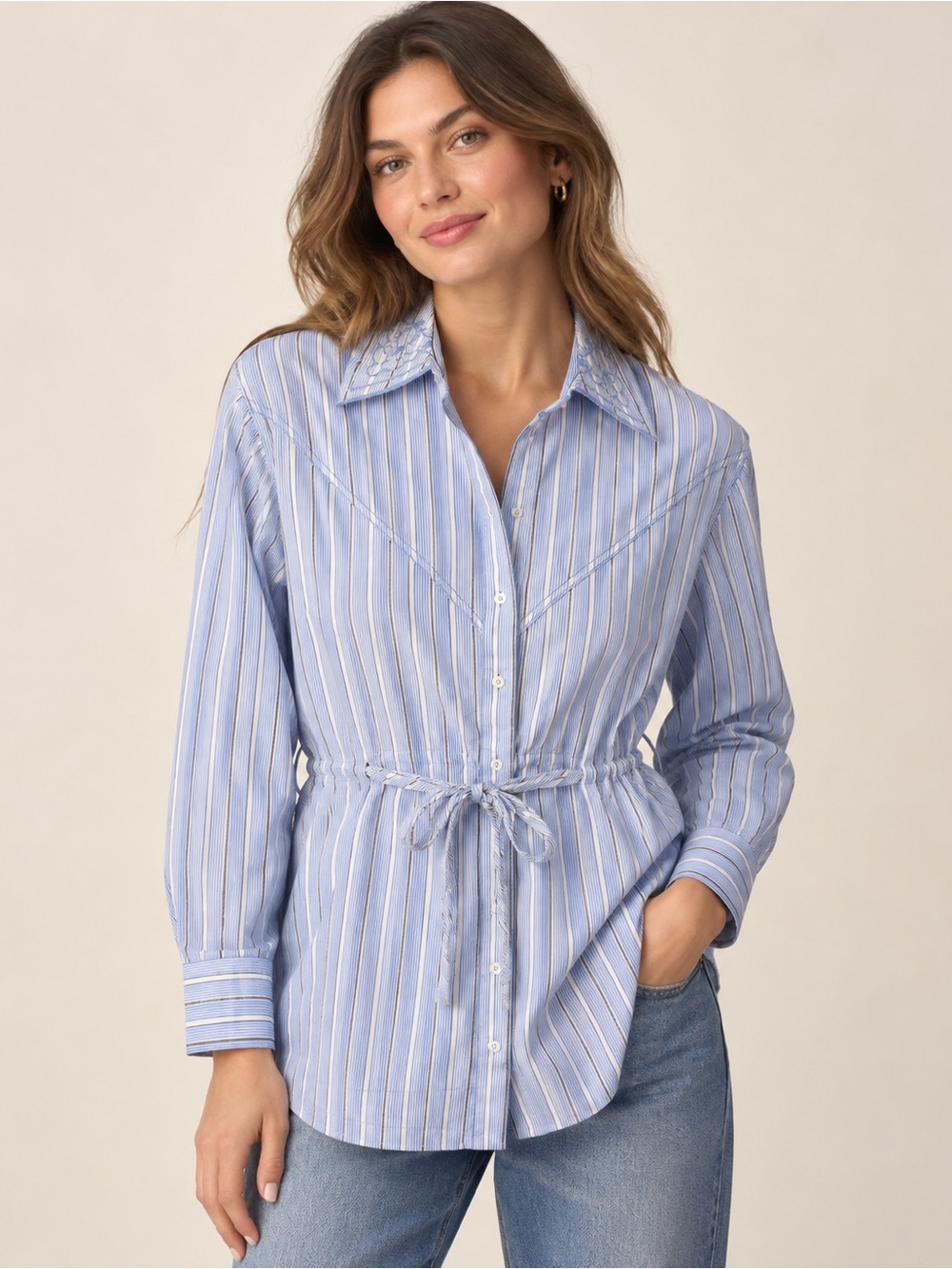Damson Madder Striped Button-Up Shirt Light Blue Regular 10 Embroidered Collar